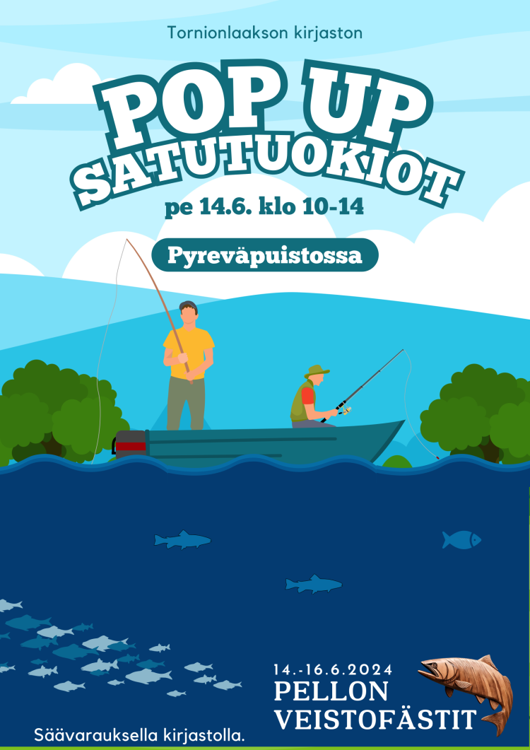 Pikseligrafiikkakuva, jossa on sama teksti kuin ilmoituksessa, kaksihenkilö veneessä kalastamassa ja Veistofästit 2024 -tapahtuman logo.